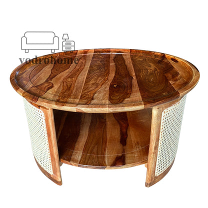 Vodrohome Rattan Coffee Table – cane center table with shelf for storage – bohemian solid Sheesham wood coffee table for office and living room C#063