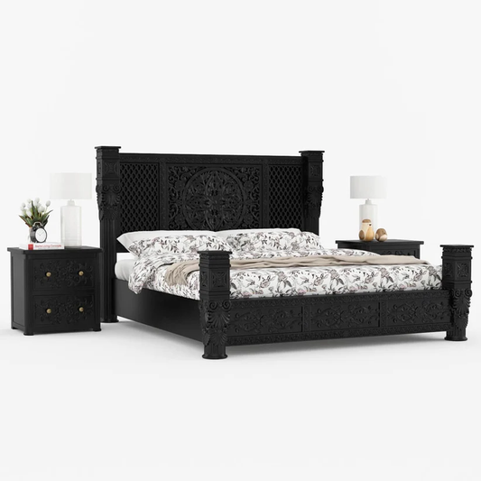 Vodrohome Mewar Black Deco Carved Bed B#007 Variation - vodrohome