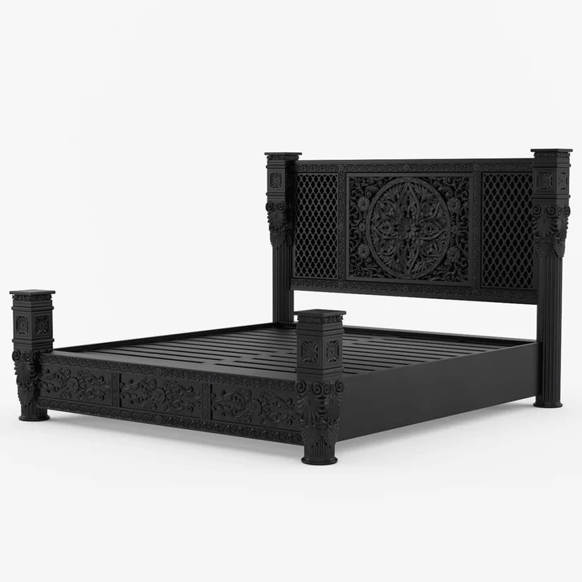 Vodrohome Mewar Black Deco Carved Bed B#007 Variation - vodrohome