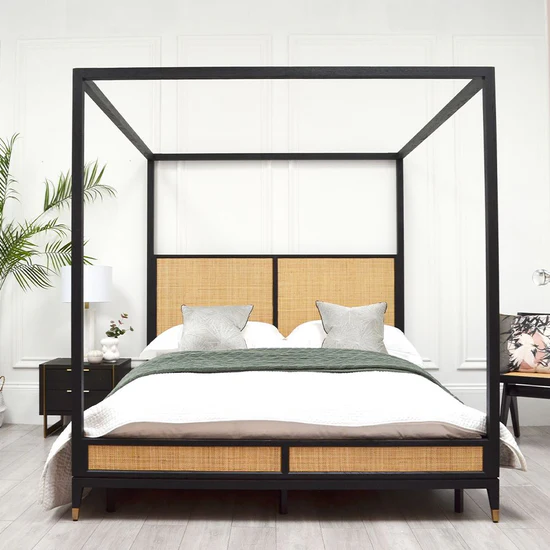 Vodrohome Lucia Solid Mango Wood Four-Poster Bed (Natural & Black) B#016 - vodrohome