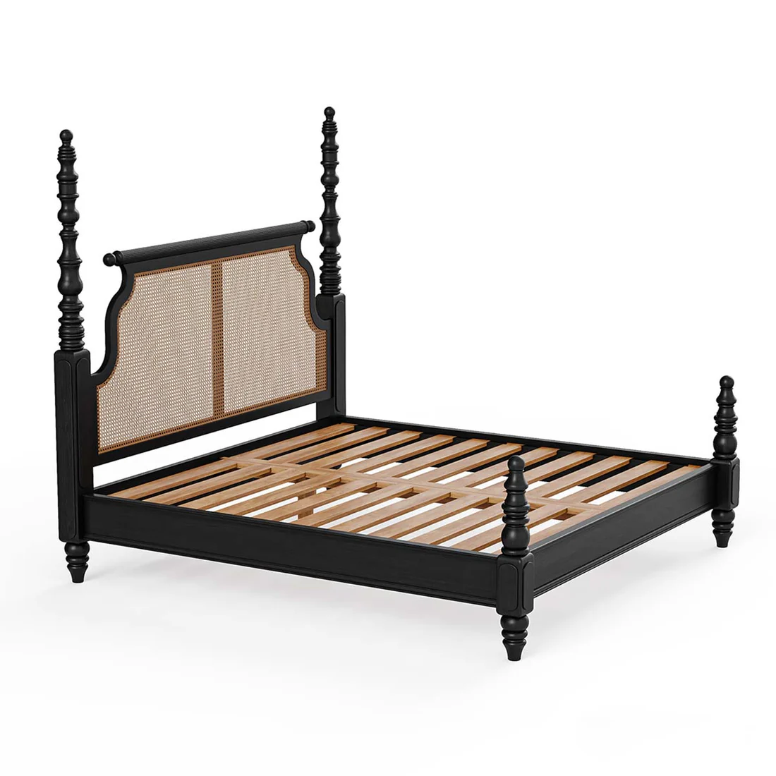 Vodrohome Ashley Solid Wood Rattan Poster Bed with Carving (Natural cane & Black) B#017 - vodrohome