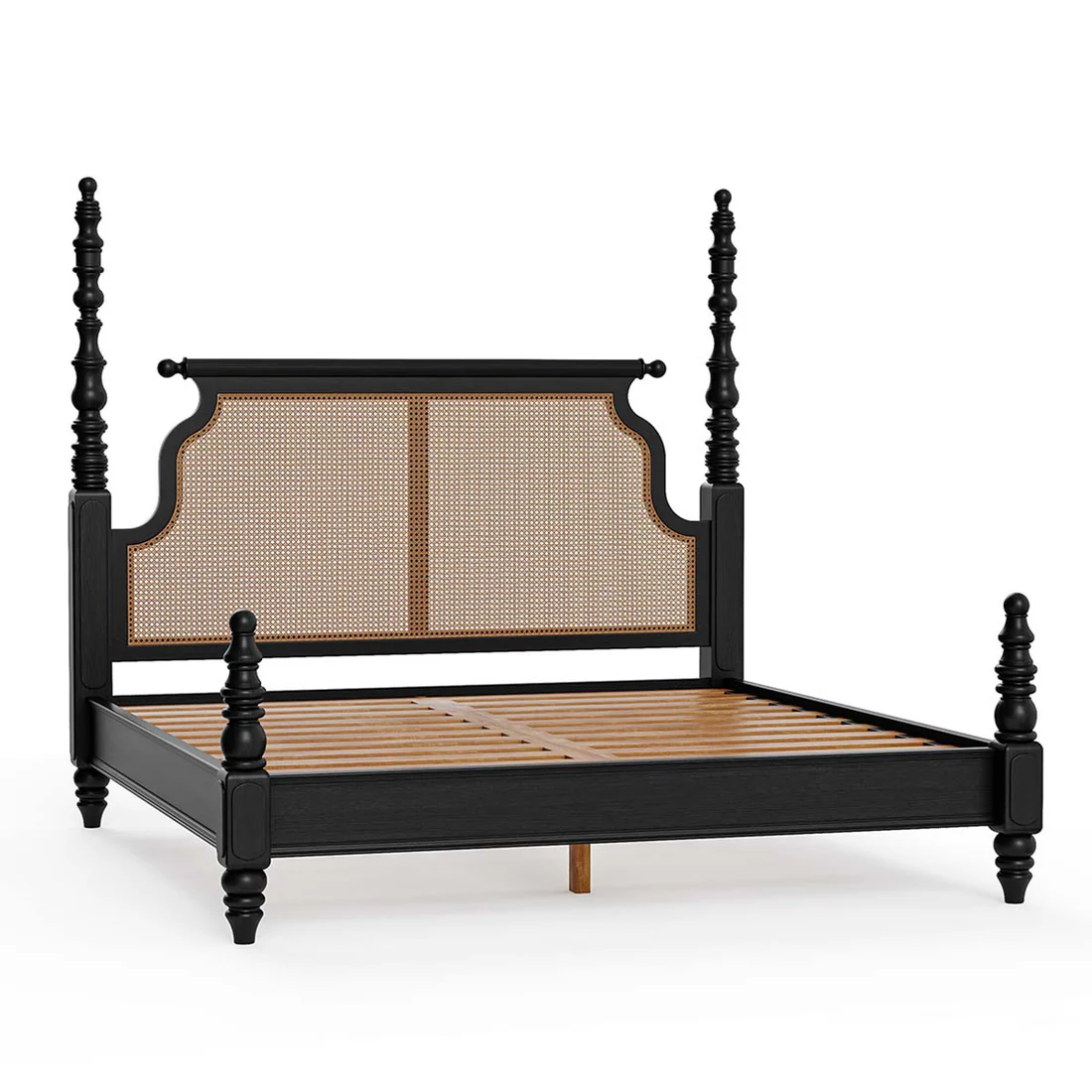 Vodrohome Ashley Solid Wood Rattan Poster Bed with Carving (Natural cane & Black) B#017 - vodrohome