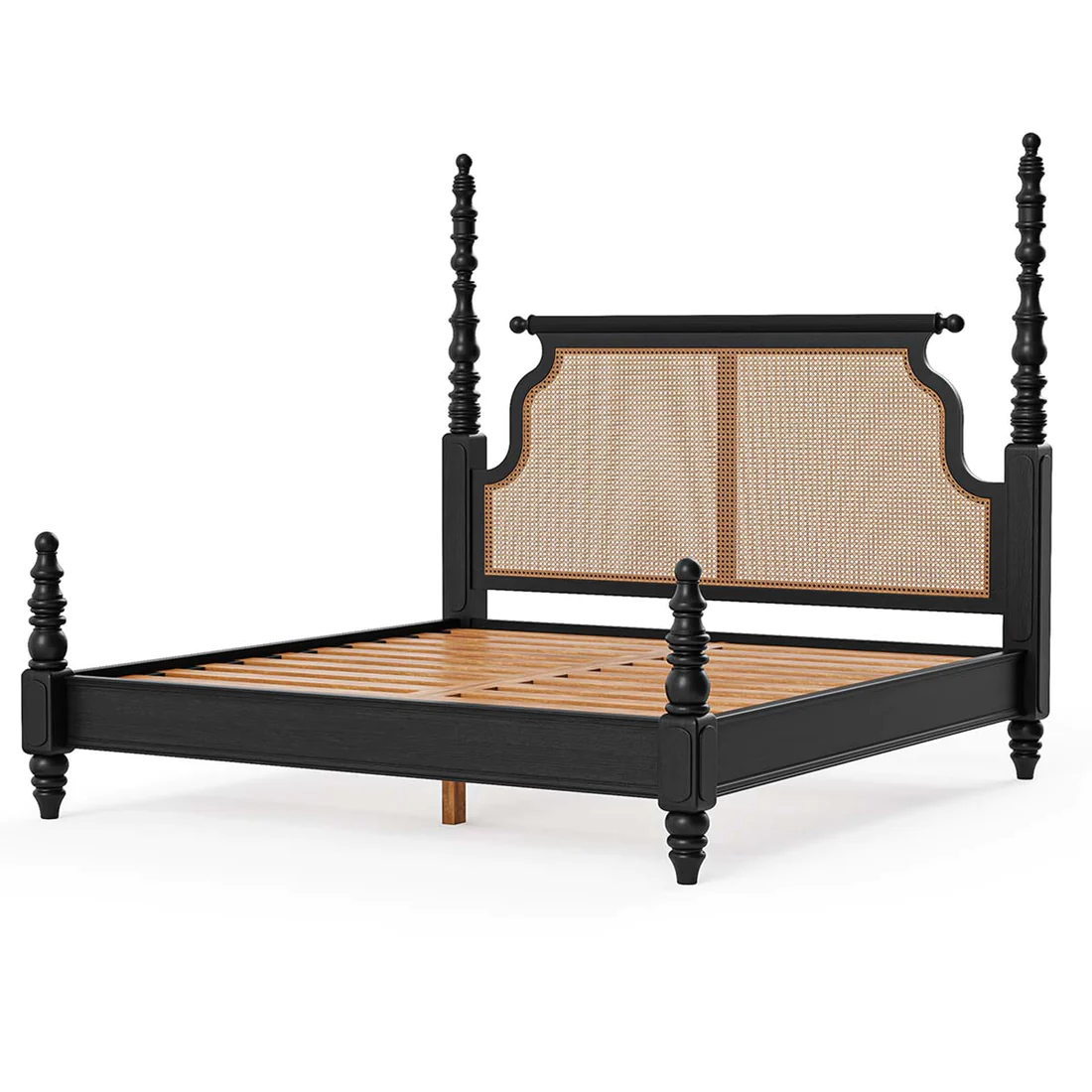 Vodrohome Ashley Solid Wood Rattan Poster Bed with Carving (Natural cane & Black) B#017 - vodrohome