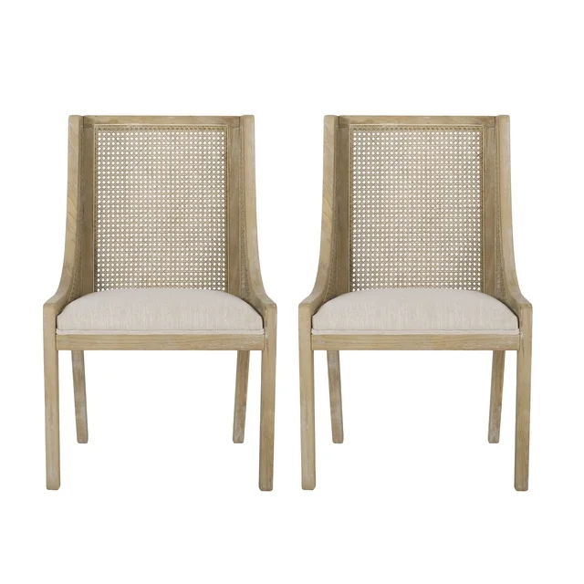 Vodrohome Rustic Fabric Upholstered mango Wood and Cane Dining Chairs, Beige and Natural 58x61x96cm CH#0015 - vodrohome