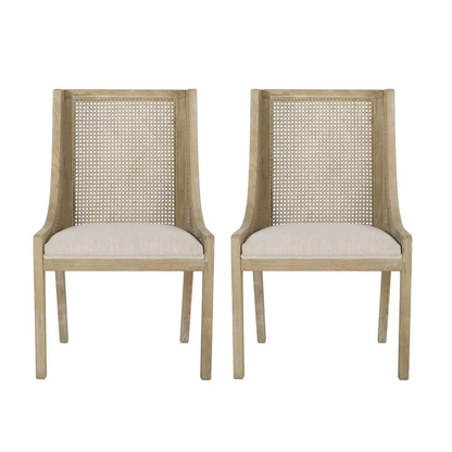 Vodrohome Rustic Fabric Upholstered mango Wood and Cane Dining Chairs, Beige and Natural 58x61x96cm CH#0015 - vodrohome