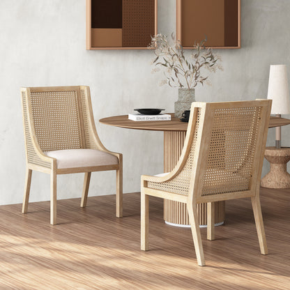 Vodrohome Rustic Fabric Upholstered mango Wood and Cane Dining Chairs, Beige and Natural 58x61x96cm CH#0015 - vodrohome