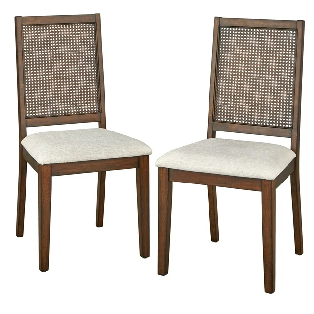 Vodrohome Rustic Fabric Upholstered mango Wood and Cane Dining Chairs, Beige and Natural 48x40x91cm CH#0016 - vodrohome