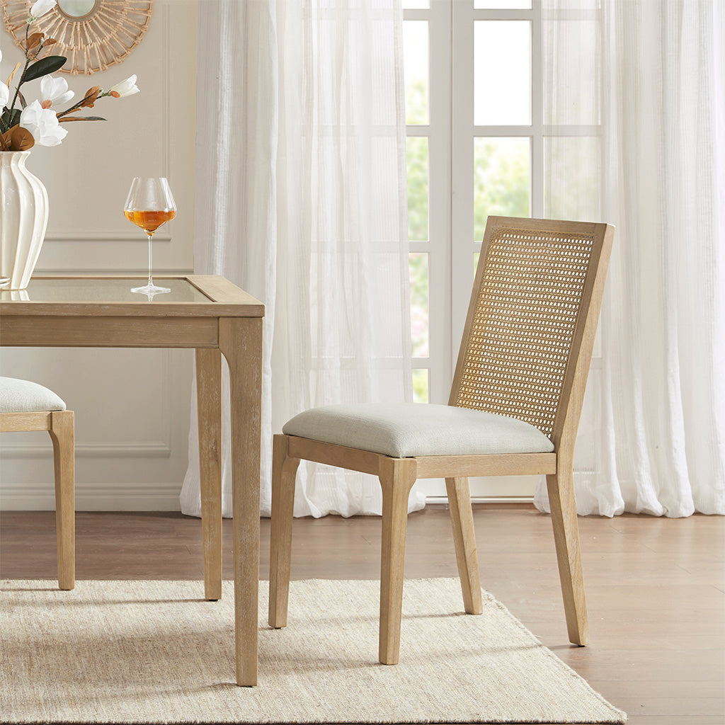 Vodrohome Rustic Fabric Upholstered mango Wood and Cane Dining Chairs, Beige and Natural 48x40x91cm CH#0016 - vodrohome