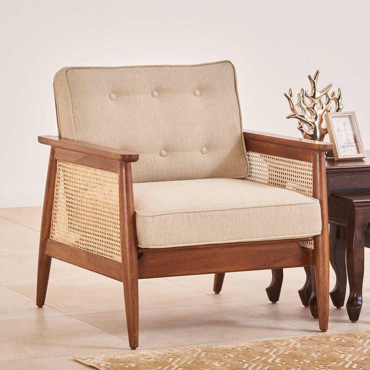 Vodrohome marwar upholstered arm chair cum sofa mango wood and cane accent chair living, beige and honey lounge chair 75x80x85cm CH#0017 - vodrohome