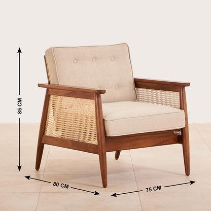 Vodrohome marwar upholstered arm chair cum sofa mango wood and cane accent chair living, beige and honey lounge chair 75x80x85cm CH#0017 - vodrohome