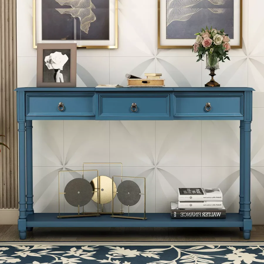 Vodrohome Modern Console Table with Storage Drawers – blue mango wood 3 drawer consol tiwjh designer tapered legs – entryway / hallway table CO#003 - vodrohome