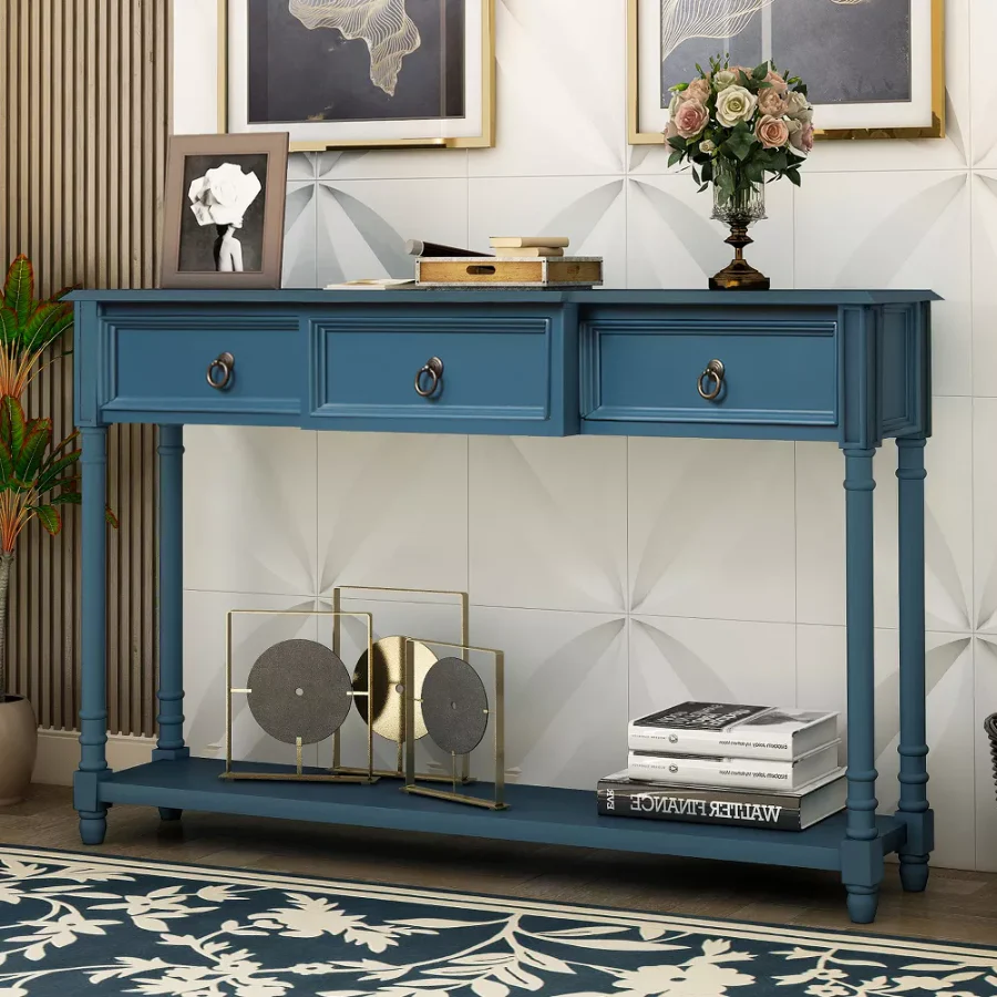 Vodrohome Modern Console Table with Storage Drawers – blue mango wood 3 drawer consol tiwjh designer tapered legs – entryway / hallway table CO#003 - vodrohome