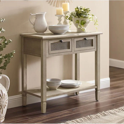 Vodrohome  Raythan 2 Drawer cane consol table with open shelf for hallway - rattan console tables for entryway CO#006 - vodrohome