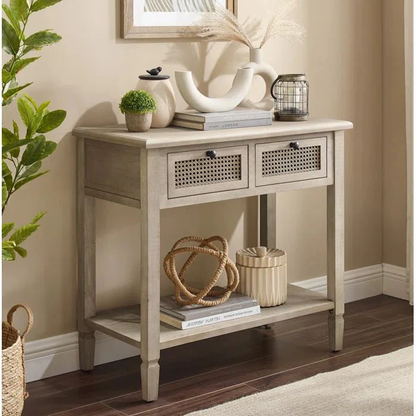 Vodrohome  Raythan 2 Drawer cane consol table with open shelf for hallway - rattan console tables for entryway CO#006 - vodrohome