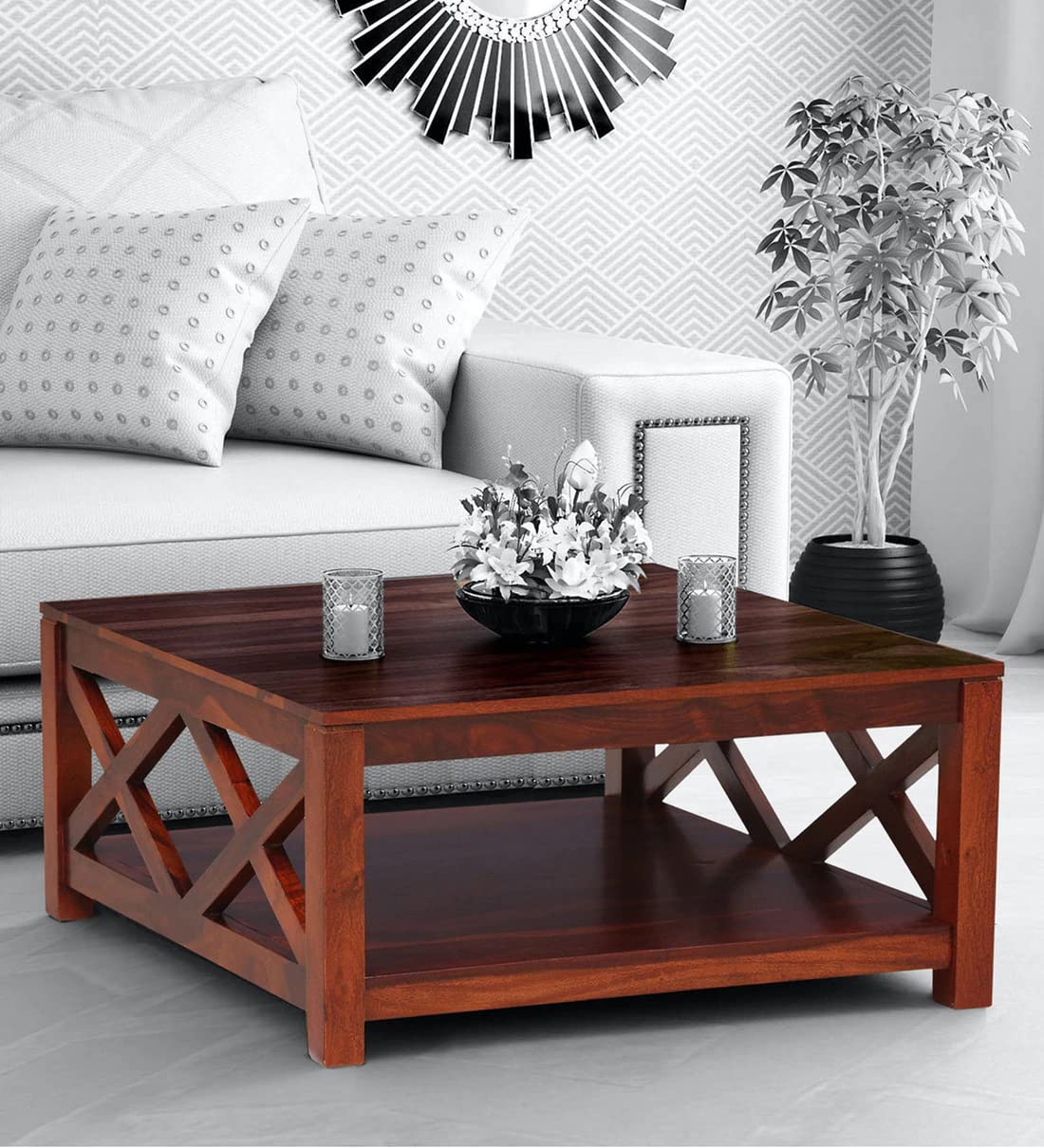 Vodrohome Solid Sheesham Wood Wooden Coffee Table Centre Table for Living Room | Teapoy Center Table for Home (Honey Finish) C#006 - vodrohome