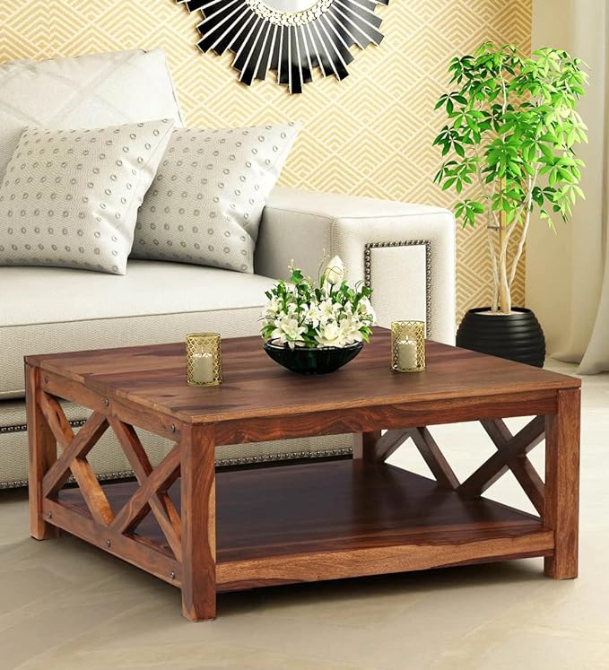 Vodrohome Solid Sheesham Wood Wooden Coffee Table Centre Table for Living Room | Teapoy Center Table for Home (Teak Finish) C#007 - vodrohome