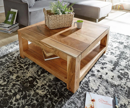 Vodrohome Sheesham Wood Square Coffee Table With Storage Shelf For Living Room Natural Finish – Tea Table In Contemprory Style For Confrence Room C#010 - vodrohome