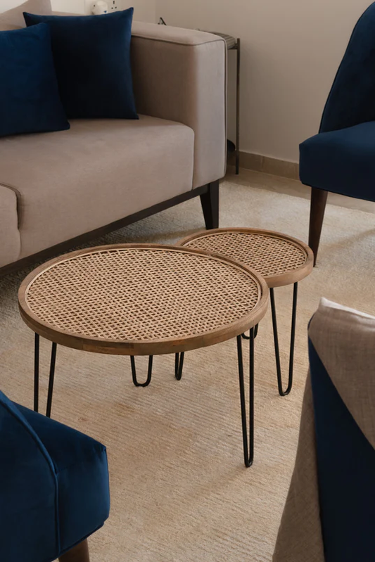 Vodrohome cane solid wood coffee table - rattan round centre table with storage – nesting table for living rooms C#026 - vodrohome