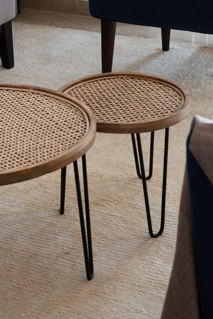 Vodrohome cane solid wood coffee table - rattan round centre table with storage – nesting table for living rooms C#026 - vodrohome