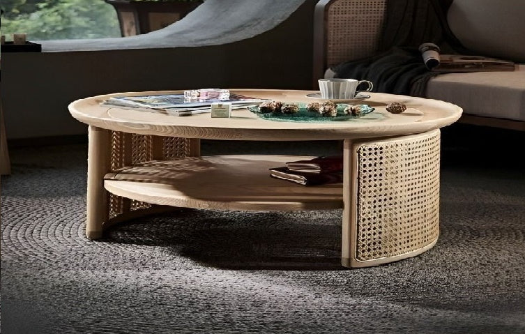 Vodrohome Rattan Coffee Table – cane center table with shelf for storage – bohemian solid mango wood coffee table for office and living room C#027 - vodrohome