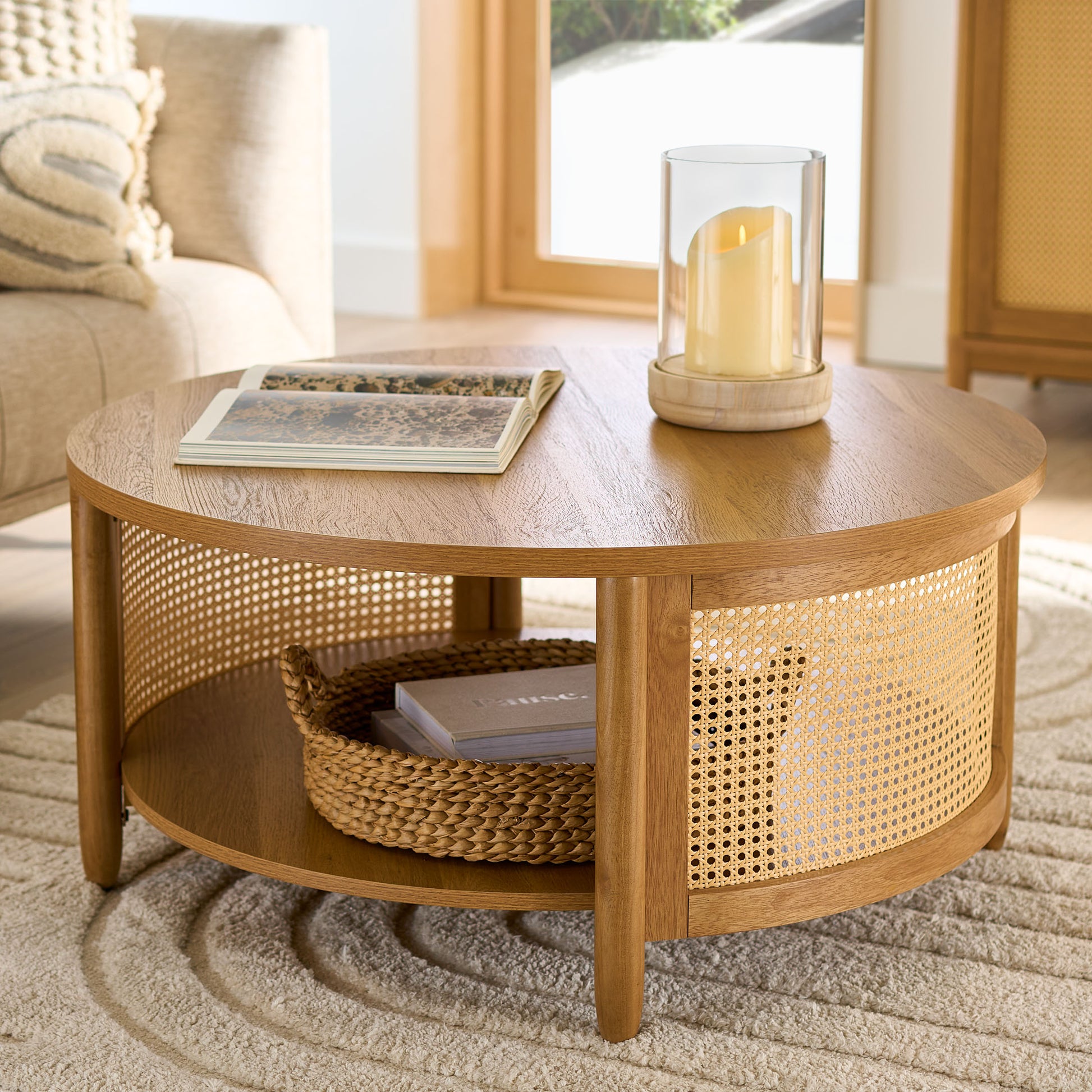 Vodrohome Rattan Coffee Table – cane center table with shelf for storage – bohemian solid mango wood coffee table for office and living room C#034 - vodrohome