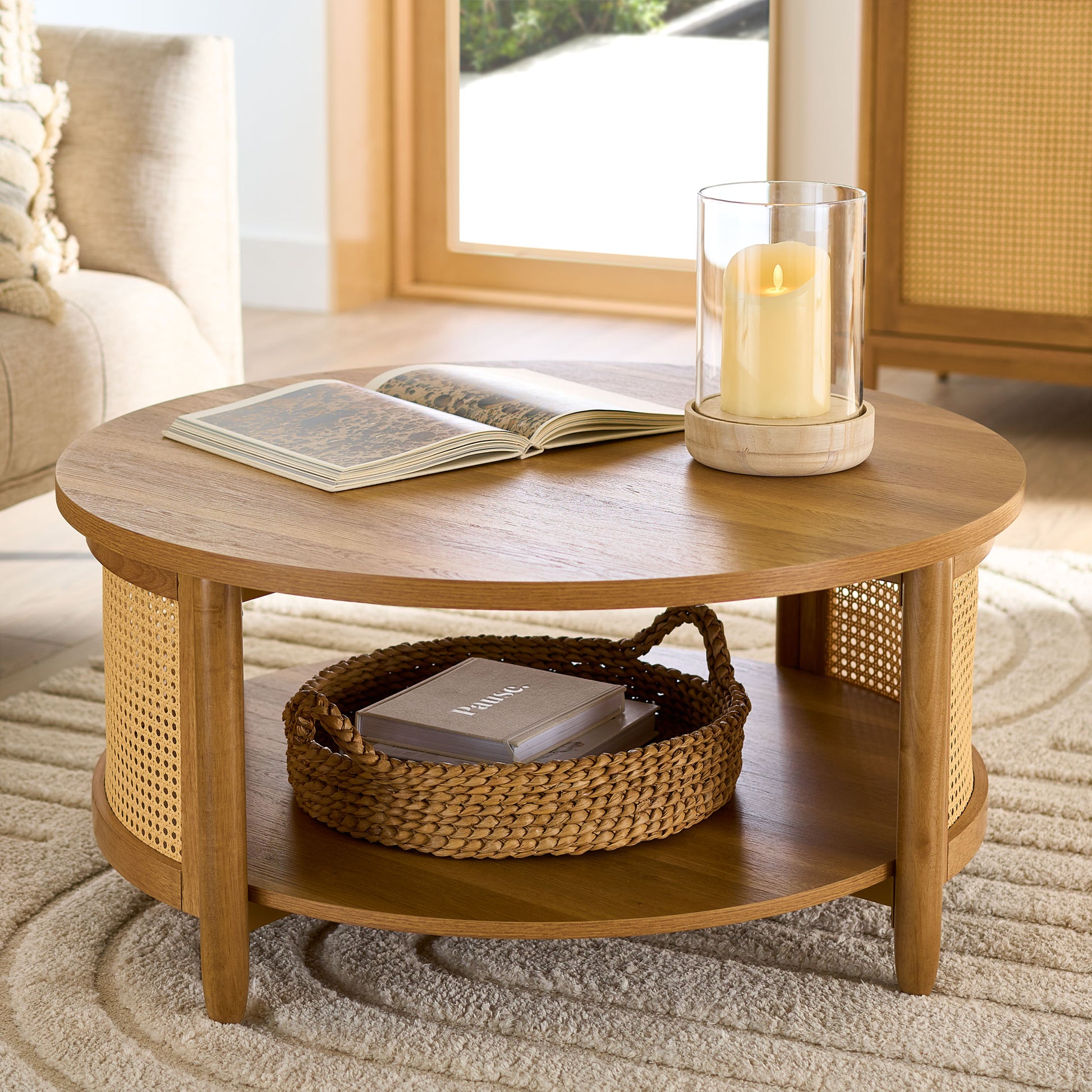 Vodrohome Rattan Coffee Table – cane center table with shelf for storage – bohemian solid mango wood coffee table for office and living room C#034 - vodrohome