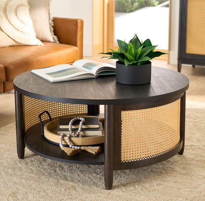 Vodrohome Rattan Coffee Table – cane center table with shelf for storage – bohemian solid mango wood coffee table for office and living room C#034 - vodrohome