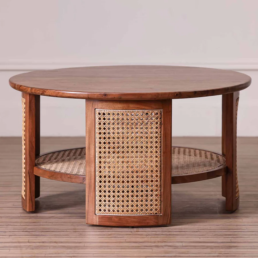 Vodrohome Rattan Coffee Table – cane center table with cane shelf for storage – bohemian solid Sheesham wood coffee table for office and living room C#035 - vodrohome