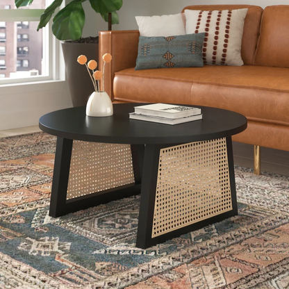 Vodrohome Rattan Coffee Table – cane center table with cane shelf for storage – bohemian solid Mango wood coffee table for office and living room C#036 - vodrohome