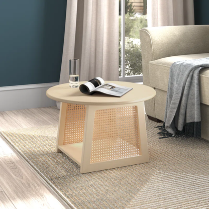 Vodrohome Rattan Coffee Table – cane center table with cane shelf for storage – bohemian solid Mango wood coffee table for office and living room C#036 - vodrohome