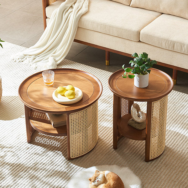 Vodrohome Rattan Coffee Table with side table – cane center table with shelf for storage – bohemian solid Mango wood set of center and side table office and living room  C#038 - vodrohome