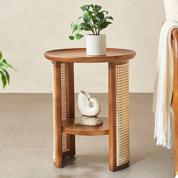 Vodrohome Rattan Coffee Table with side table – cane center table with shelf for storage – bohemian solid Mango wood set of center and side table