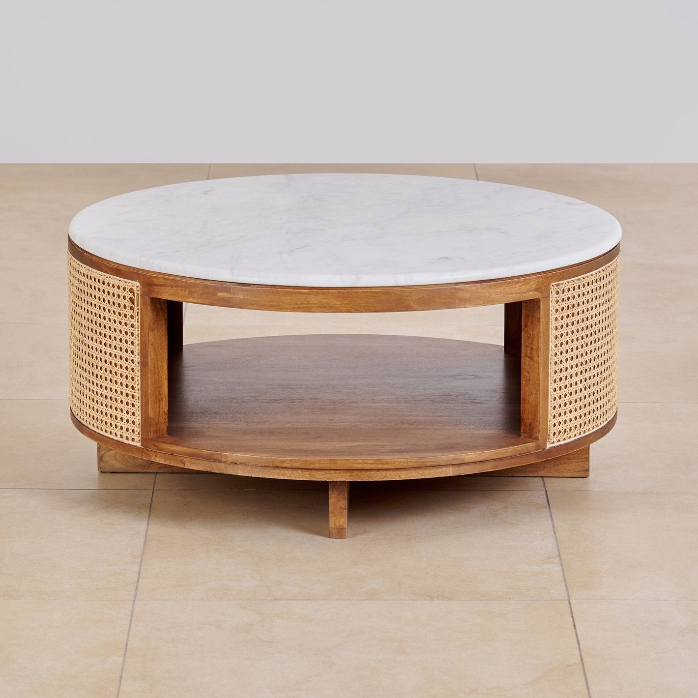 Vodrohome Cane Solid Wood Coffee Table with marble top- Rattan Round Centre Table with Storage - Ideal Tea Table for Living Rooms C#040 - vodrohome