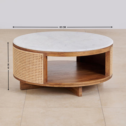 Vodrohome Cane Solid Wood Coffee Table with marble top- Rattan Round Centre Table with Storage - Ideal Tea Table for Living Rooms C#040 - vodrohome