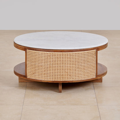 Vodrohome Cane Solid Wood Coffee Table with marble top- Rattan Round Centre Table with Storage - Ideal Tea Table for Living Rooms C#040 - vodrohome