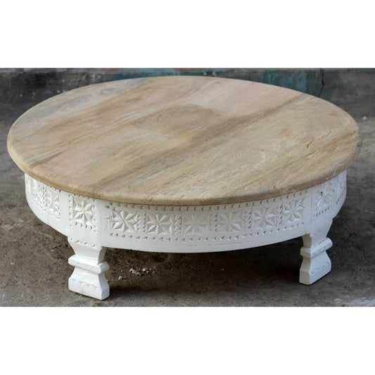 Vodrohome Rajasthani Wooden Round Shape Chakki Table for Home – round coffee table in mango wood – carved round white coffee table C#044