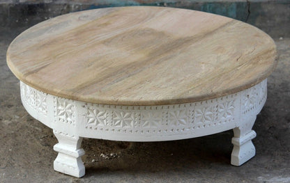 Vodrohome Rajasthani Wooden Round Shape Chakki Table for Home – round coffee table in mango wood – carved round white coffee table C#044 - vodrohome