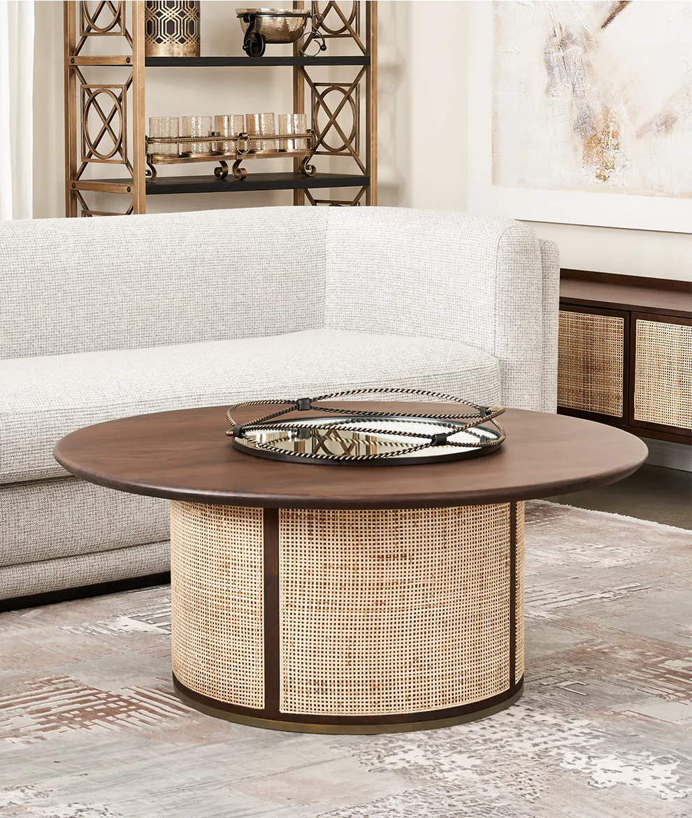 Vodrohome Rattan Coffee Table – cane center table – bohemian solid mango wood coffee table for office and living room C#049 - vodrohome