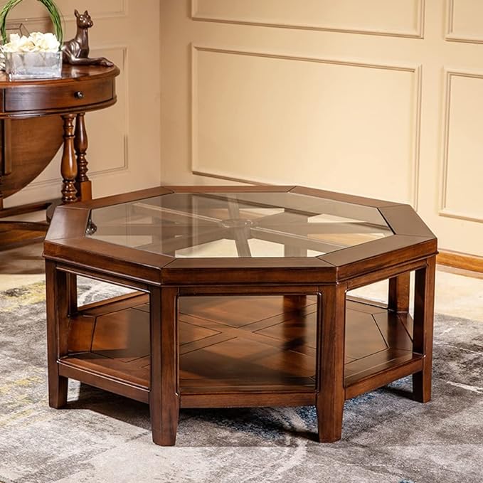 Vodrohome tea table for living room – mango wood coffee table with storage shelf – center table - sofa set table furniture octagonal tea table coffee table with glass C#050 - vodrohome