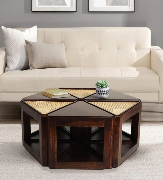 Vodrohome– sheesham wood cane coffee table – multifunctional center table - octagonal sofa table – cane end table – rattan cane side table – sheesham wood stool C#051 - vodrohome