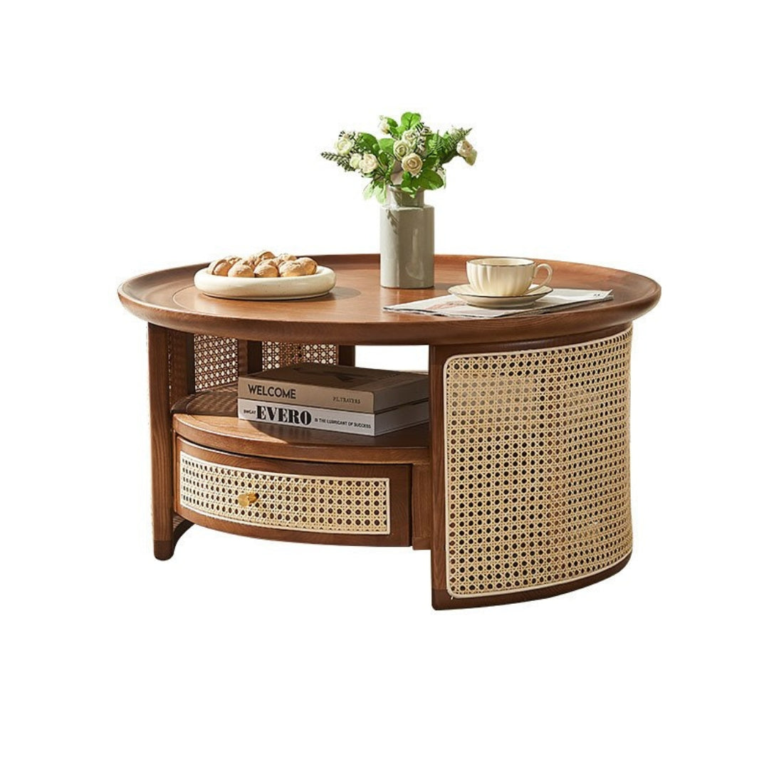 Vodrohome rattan coffee table with drawer – cane center table with shelf for storage – bohemian solid mango wood coffee table for office and living room C#054 Variation