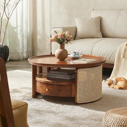 Vodrohome rattan coffee table with drawer – cane center table with shelf for storage – bohemian solid mango wood coffee table for office and living room C#054 Variation