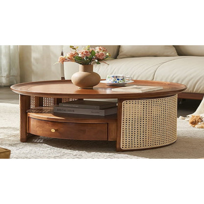 Vodrohome Rattan Coffee Table With Drawer – cane center table with shelf for storage – bohemian solid mango wood coffee table for office and living room C#055