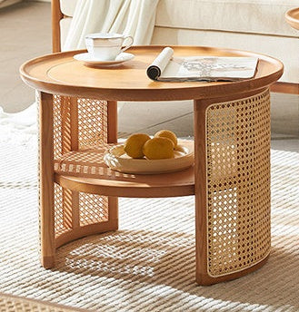 Vodrohome Rattan Coffee Table – cane center table with shelf for storage – bohemian solid mango wood coffee table for office and living room C#056