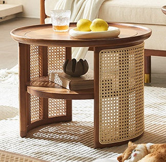 Vodrohome Rattan Coffee Table – cane center table with shelf for storage – bohemian solid mango wood coffee table for office and living room C#056