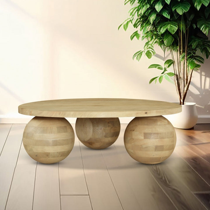 Vodrohome solid mango wood modern coffee table – round coffee table with ball shape base – bohemian solid wood coffee table for office and living room C#058