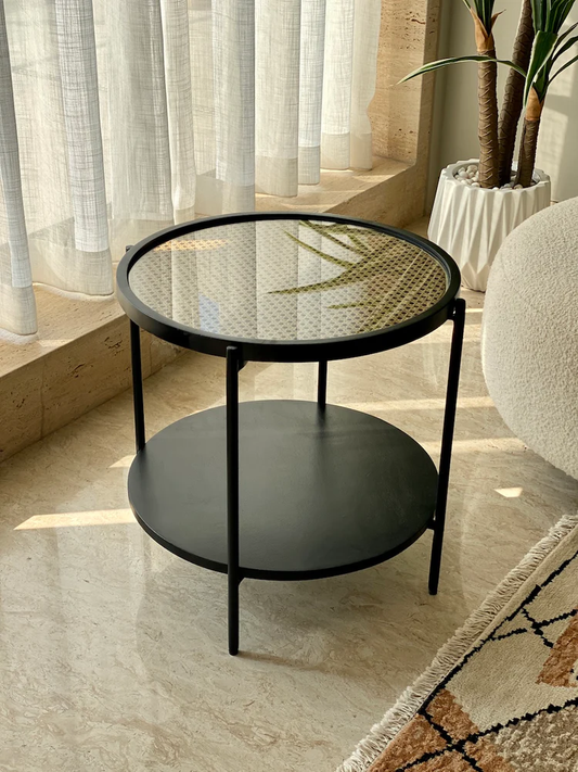 Vodrohome round side table, glass end table with open storage, black modern coffee table with sturdy metal frame for living room, balcony, bedroom C#060