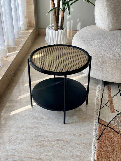 Vodrohome round side table, glass end table with open storage, black modern coffee table with sturdy metal frame for living room, balcony, bedroom C#060