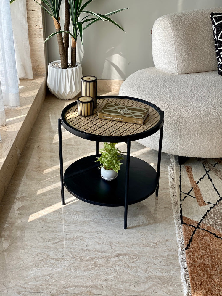 Vodrohome round side table, glass end table with open storage, black modern coffee table with sturdy metal frame for living room, balcony, bedroom C#060