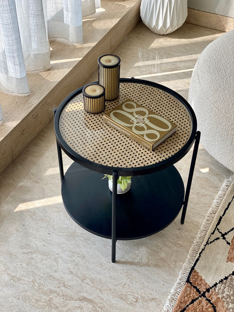 Vodrohome round side table, glass end table with open storage, black modern coffee table with sturdy metal frame for living room, balcony, bedroom C#060